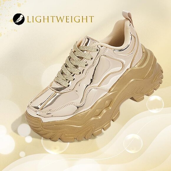 Women Gold Hologram Casual Tennis Lace Up Chunky Sneakers Shoes - Picture 4 of 7